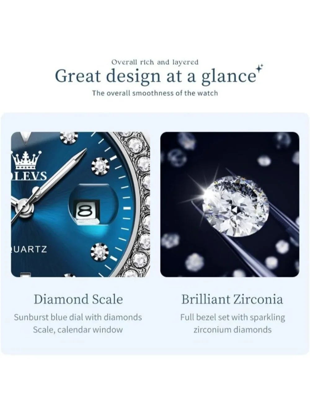 Women's Blue Luxury Diamond with Date Analog Quartz Waterproof Wrist Watch